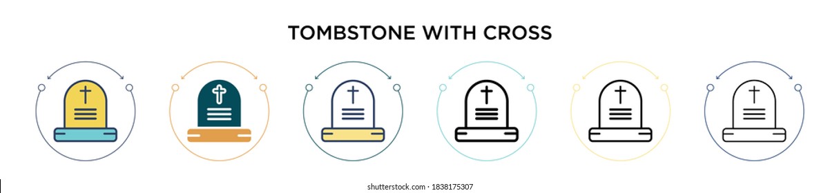 Tombstone with cross icon in filled, thin line, outline and stroke style. Vector illustration of two colored and black tombstone with cross vector icons designs can be used for mobile, ui, web