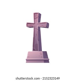 Tombstone And Cross Icon, Grave Stone Halloween Symbol Isolated Cartoon Cemetery And Graveyard Sign. Vector Headstone, Mooring Marker, Mystery Buried Place. Burial Tombstone With Cross, Funeral Grief