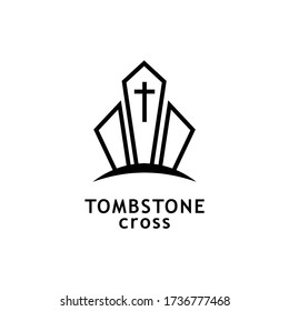 tombstone with cross and line art logo design vector