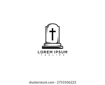 Tombstone Cross Logo Design Vector. Gravestone Memorial Icon for Funeral and Cemetery Services.