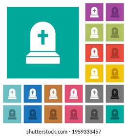 Tombstone with cross multi colored flat icons on plain square backgrounds. Included white and darker icon variations for hover or active effects.