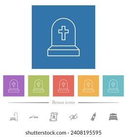 Tombstone with cross outline flat white icons in square backgrounds. 6 bonus icons included.