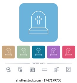 Tombstone with cross white flat icons on color rounded square backgrounds. 6 bonus icons included