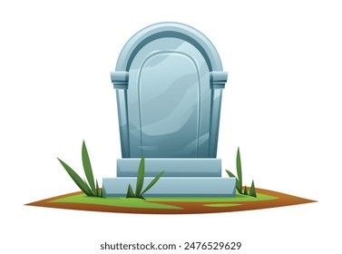 Tombstone with curved top in grassy grave. Gravestone in cemetery vector cartoon illustration isolated on white background.