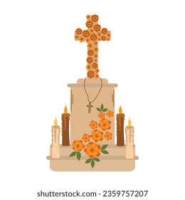 Tombstone day of the dead vector illustration. Day of remembrance mexican traditional religious holidays. Altar decorations with flowers, burning candles. Isolated object 