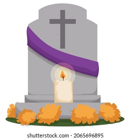 Tombstone decorated with cross, purple ribbon, lighted candle and yellow marigold flowers.