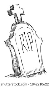 Tombstone decorated with  cross and 'RIP' message in hand drawn style, over white background.
