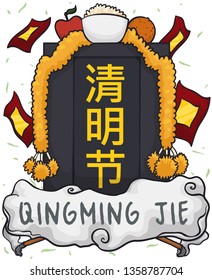 Tombstone decorated with offerings for the ancestors afterlife: flower wreaths, rice and fruits, incense sticks and a joss paper shower to celebrate Qingming Jie (written in Chinese calligraphy).