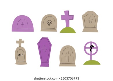 Tombstone flat vector illustrations. Rip grave vector icons set. Cartoon stickers for halloween holiday, party element.