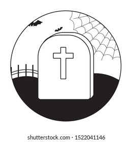 tombstone with ghost and bats flying overhalloween scene, vector illustration