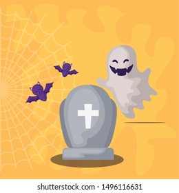 tombstone with ghost and bats flying in scene halloween