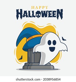 tombstone and ghost with happy halloween celebration icon illustration