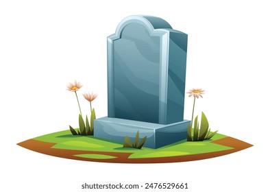 Tombstone in grassy grave. Gravestone in cemetery vector cartoon illustration isolated on white background.