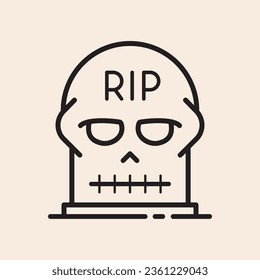 Tombstone grave with skull face with RIP text outline iconic vector line art