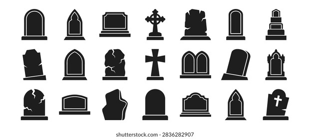 tombstone gravestone vector icon collection for cemetery memorial and funeral design on transparent background
