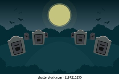 Tombstone in graveyard at night with moon light on sky and flying bat in flat icon design background
