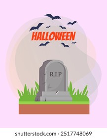 Grabstein für Halloween Banner Design. Beschriftung mit fliegenden Fledermäusen auf abstraktem Hintergrund. Feiertage, Feiern, Todeskonzept. Vektorgrafik für Poster