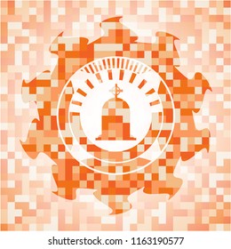 tombstone icon inside abstract emblem, orange mosaic background