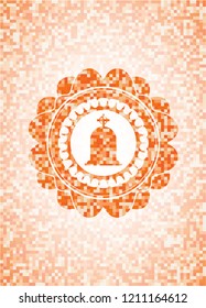tombstone icon inside abstract emblem, orange mosaic background