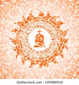 tombstone icon inside abstract emblem, orange mosaic background