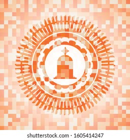 tombstone icon inside abstract emblem, orange mosaic background
