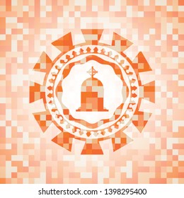 tombstone icon inside abstract orange mosaic emblem with background