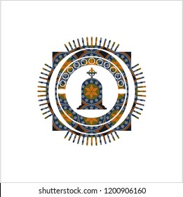 tombstone icon inside arabesque badge background. arabic decoration.