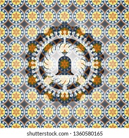 tombstone icon inside arabesque badge background. arabic decoration.