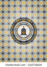 tombstone icon inside arabic badge background. Arabesque decoration.