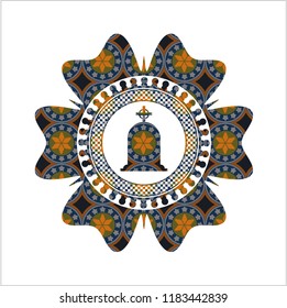tombstone icon inside arabic badge. Arabesque decoration.