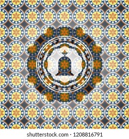 tombstone icon inside arabic badge. Arabesque decoration.