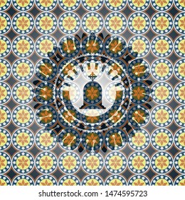 tombstone icon inside arabic badge. Arabesque decoration.
