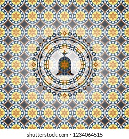 tombstone icon inside arabic emblem. Arabesque decoration.