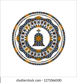 tombstone icon inside arabic style emblem. Arabesque decoration.