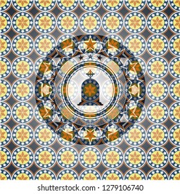 tombstone icon inside arabic style emblem. Arabesque decoration.