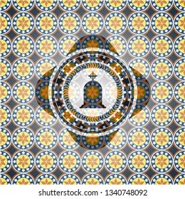 tombstone icon inside arabic style emblem. Arabesque decoration.