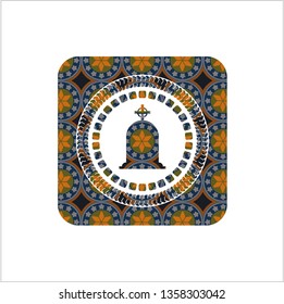 tombstone icon inside arabic style badge. Arabesque decoration.