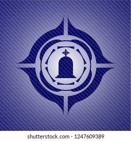 tombstone icon inside badge with denim background