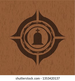 tombstone icon inside badge with wood background