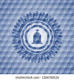 tombstone icon inside blue badge with geometric pattern background.