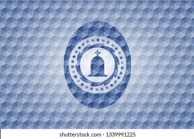 tombstone icon inside blue badge with geometric pattern background.
