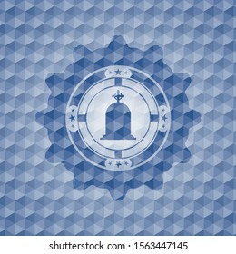 tombstone icon inside blue badge with geometric pattern background.