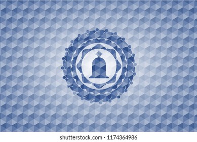 tombstone icon inside blue emblem with geometric pattern.