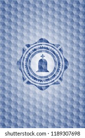 tombstone icon inside blue emblem or badge with abstract geometric polygonal pattern background.