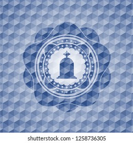 tombstone icon inside blue emblem or badge with abstract geometric polygonal pattern background.