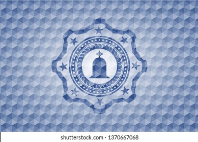 tombstone icon inside blue emblem with geometric pattern.