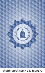 tombstone icon inside blue emblem or badge with geometric pattern background.