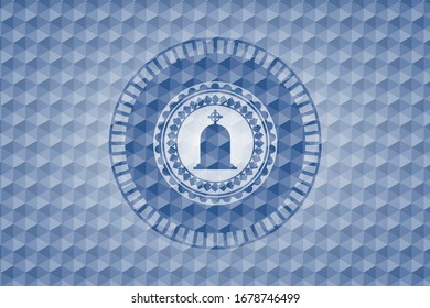 tombstone icon inside blue emblem or badge with abstract geometric pattern background.