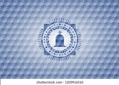 tombstone icon inside blue hexagon badge.