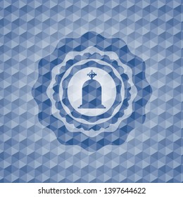 tombstone icon inside blue hexagon badge.